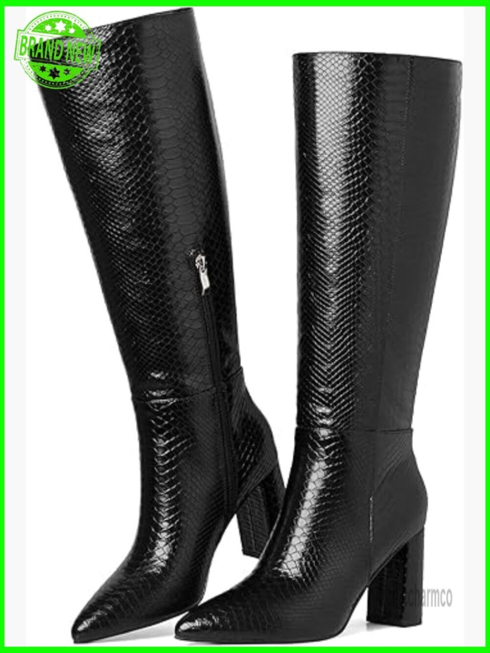 Women's Chunky Heel Knee High Boots Pointed Toe Side Zipper Wide Calf Dress